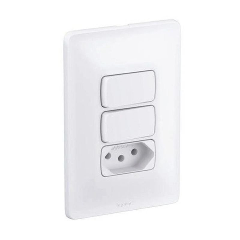 Conjunto-de-2-Interruptores-Simples-com-1-Tomada-10A-Branco-Pial-Legrand