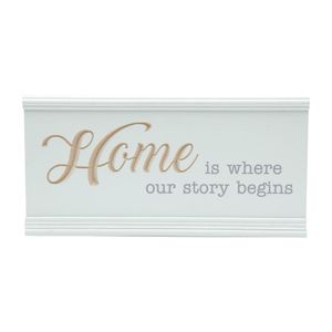 Placa de Madeira 30X1,5cm Home Story Begins Branca Urban