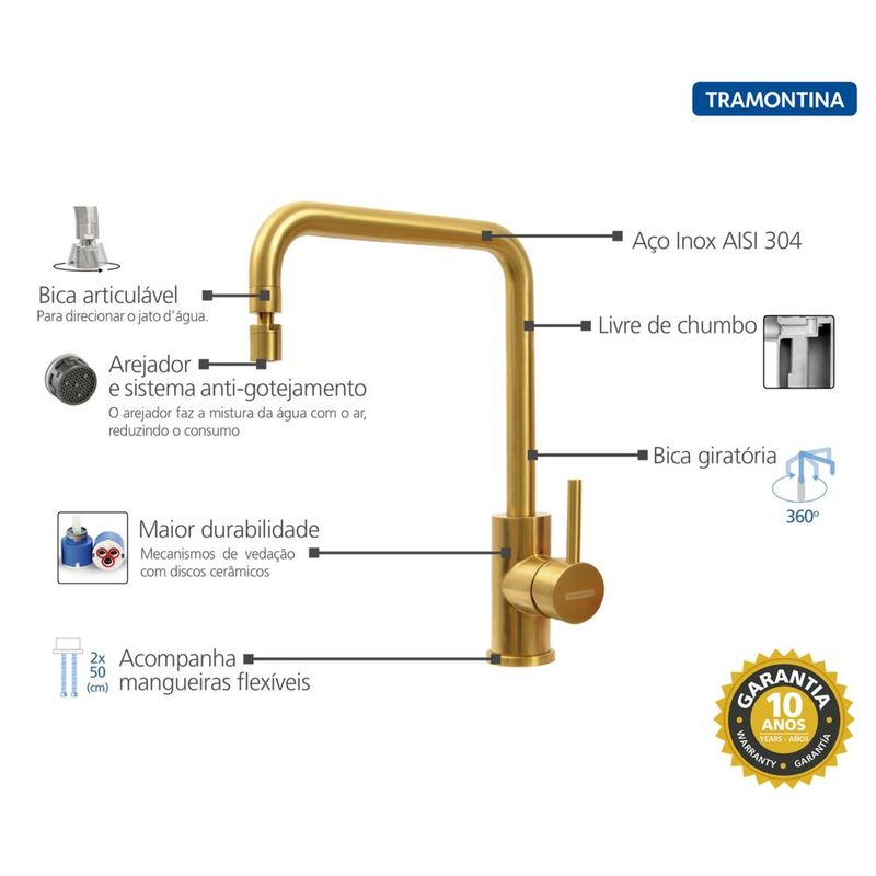 Misturador-Monocomando-194520-32-Inox-Angolare-Gold-Tramontina